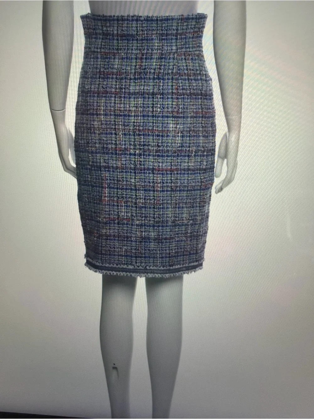 CHANEL Blue Multicolor Tweed Pencil Skirt with Fringed Trim